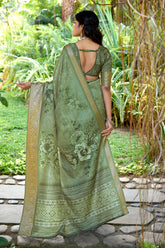 Olive Green Cotton Silk Digital Floral Print Saree-4432